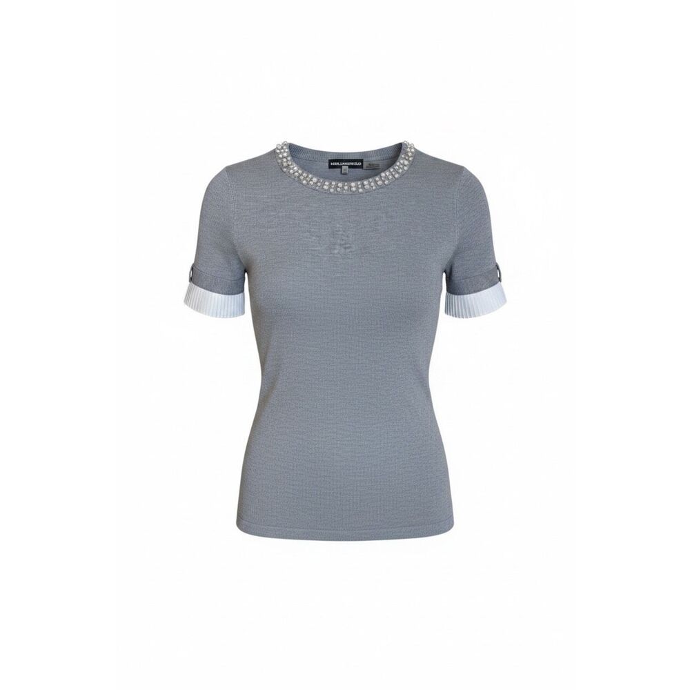 Karl Lagerfeld NWOT Pearl Embellished Short Sleeve Sweater Gray White Size XS